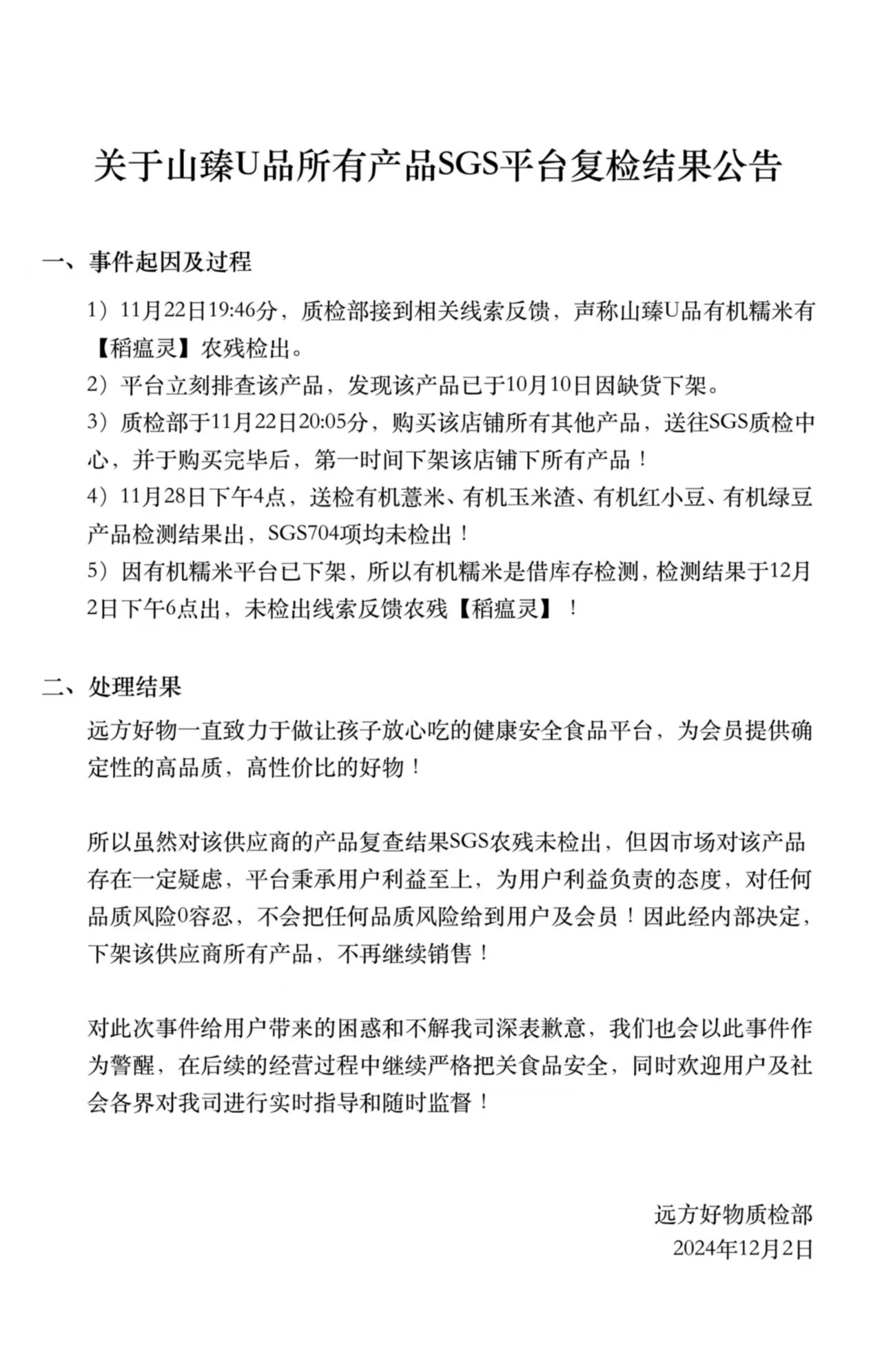 关于山臻U品所有产品SGS平台复检结果公告 - 第1张